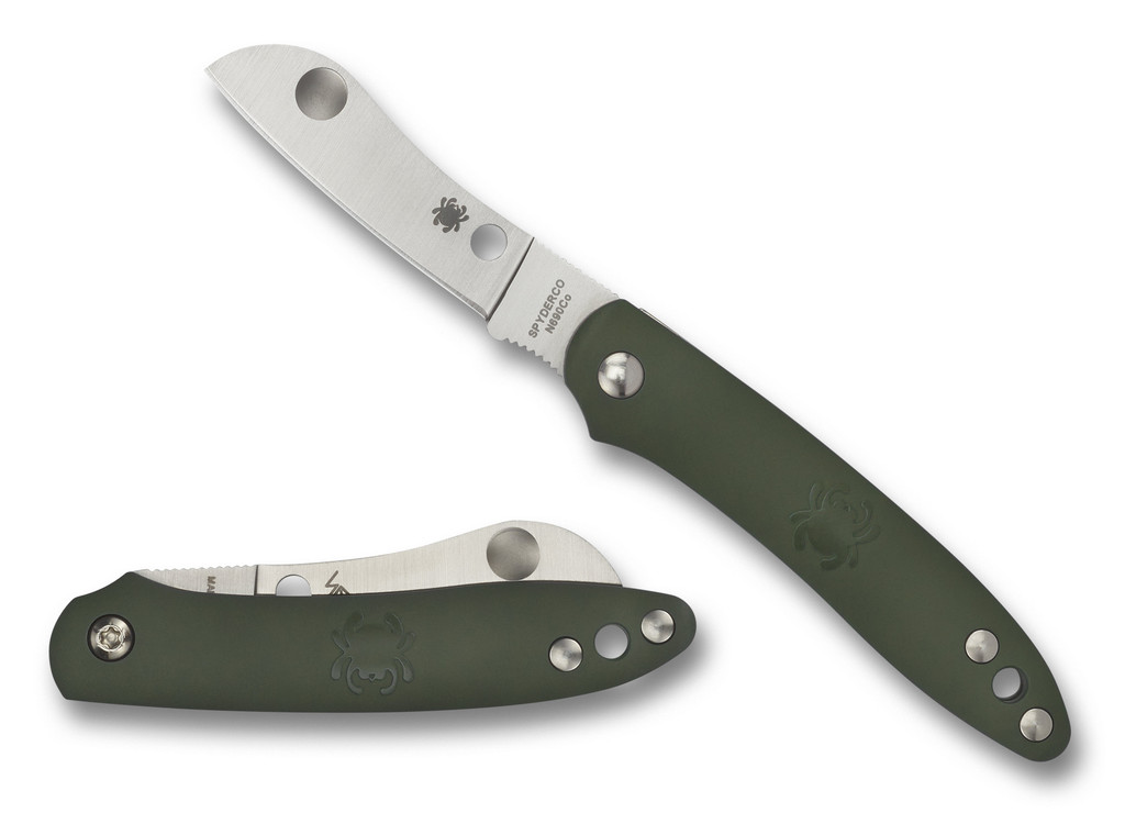 Spyderco Roadie Slipjoint folding knife with Double Dent - shown open obverse and closed reverse.  Satin N690Co stainless steel plain edge blade.  Green FRN handle.  Model C189PGR.
For reference only.