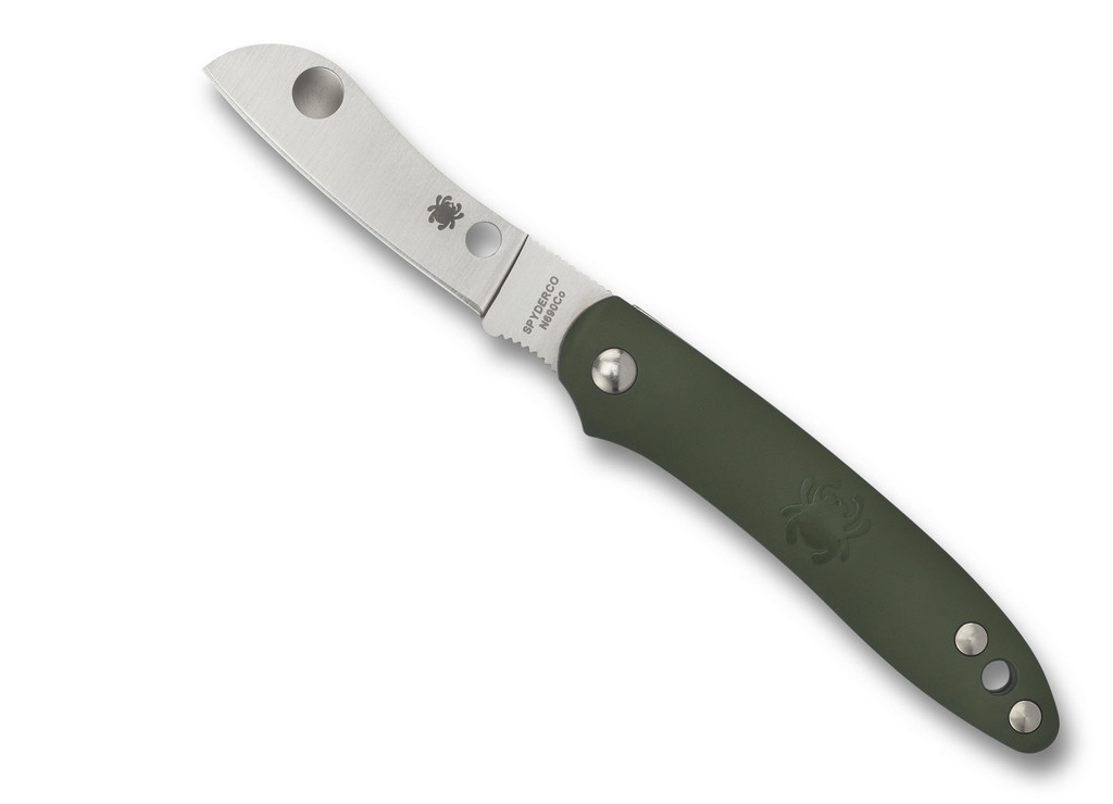 Spyderco Roadie Slipjoint folding knife with Double Dent - shown open obverse.  Satin N690Co stainless steel plain edge blade.  Green FRN handle.  Model C189PGR.
For reference only.