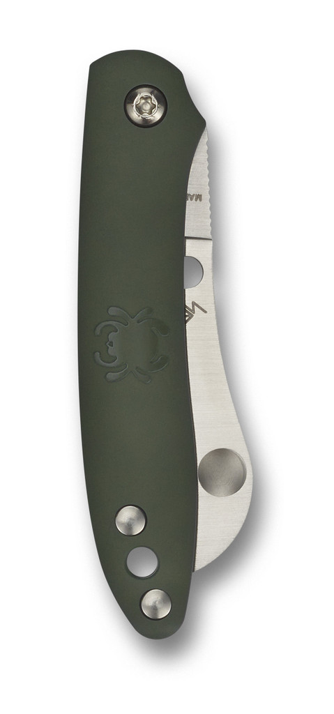 Spyderco Roadie Slipjoint folding knife with Double Dent - shown closed reverse.  Satin N690Co stainless steel plain edge blade.  Green FRN handle.  Model C189PGR.
For reference only.