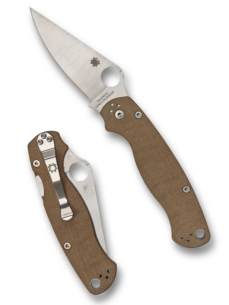 Spyderco Paramilitary 2 folding knife with thumb hole - shown open presentation side and closed pocket clip side.  Cru-Wear steel plain edge blade.  Brown Micarta handle.  Model C81MPCW2.
