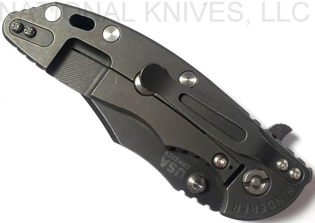 Rick Hinderer Knives XM-18 3.5" Bowie folding knife with thumb stud and flipper tab - shown closed lock side.  Battle Black 20CV stainless steel plain edge blade.  OD green - black G-10 handle with Battle Black titanium lock side.  Model K20320SNNC.