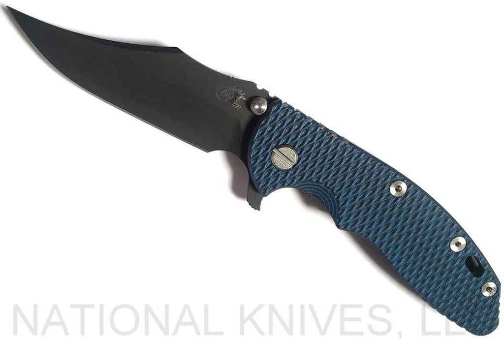 Rick Hinderer Knives XM-18 3.5" Bowie folding knife with thumb stud and flipper tab - shown open presentation side.  Battle Black 20CV stainless steel plain edge blade.  Blue - black G-10 handle with Battle Black titanium lock side.  Model K20320SNNC.