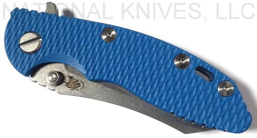 Rick Hinderer Knives XM-18 3.0" Skinner folding knife with thumb studs and flipper tab - shown closed presentation side.  Stonewashed 20CV stainless steel plain edge blade.  Blue G-10 handle with stonewashed blue lock side.  Model K1041SGS00.