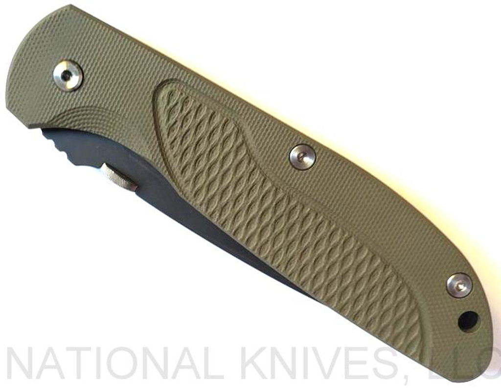 Rick Hinderer Knives Firetac Recurve Folding Knife, Battle Black 3.5625" Plain Edge 20CV Blade, Battle Black Lockside, OD Green G-10 Handle - Tri-Way Pivot