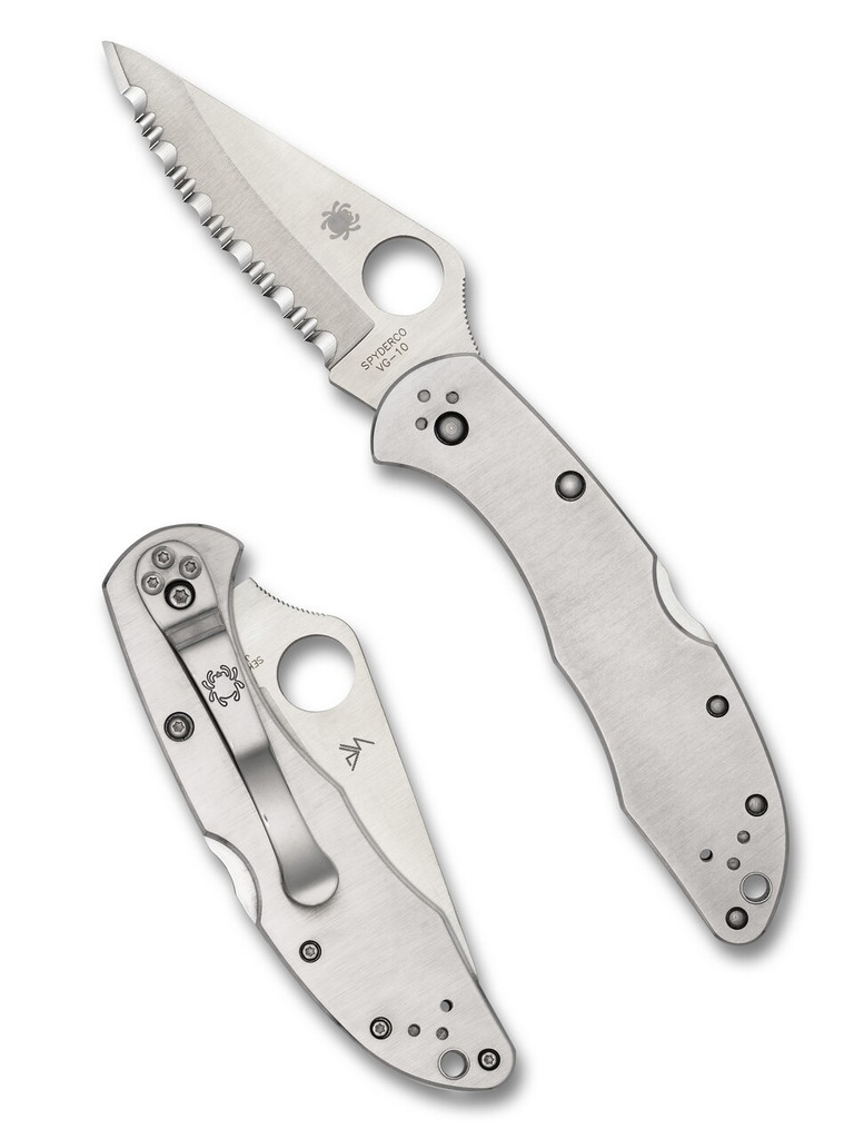 Spyderco Delica 4 folding knife with thumb hole - shown open presentation side and closed pocket clip side.  Satin VG-10 stainless steel serrated edge blade.  Stainless steel handle.  Model C11S.