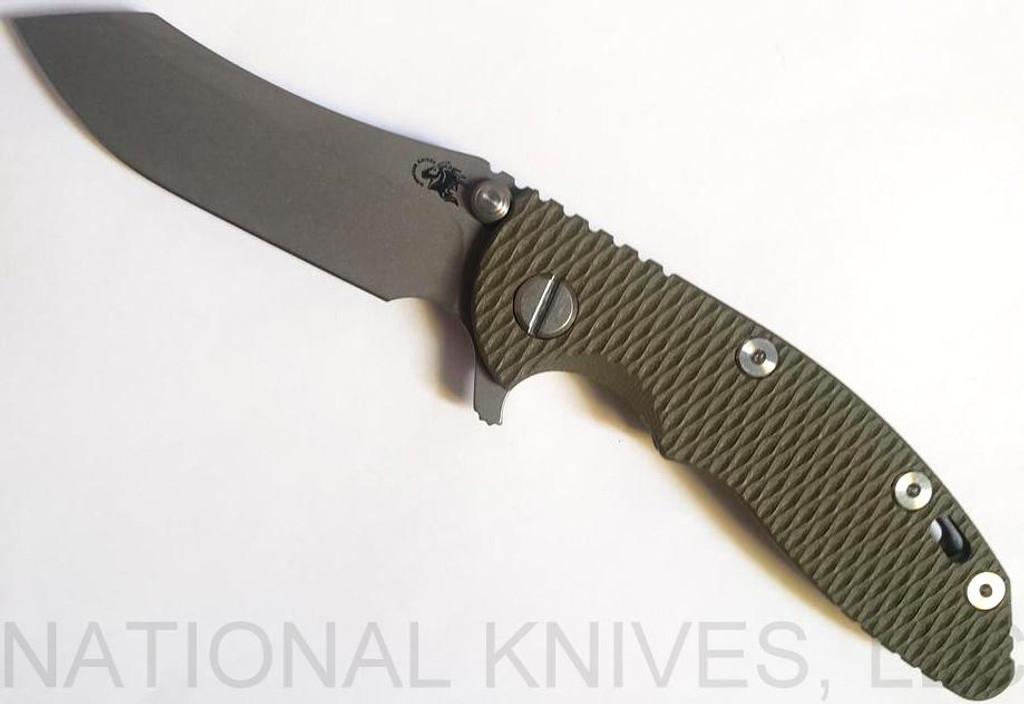 Rick Hinderer Knives XM-18 Skinner Folding Knife, Working Finish 3.0" Plain Edge 20CV Blade, Working Finish Lockside, OD Green G-10 Handle - Tri-Way Pivot