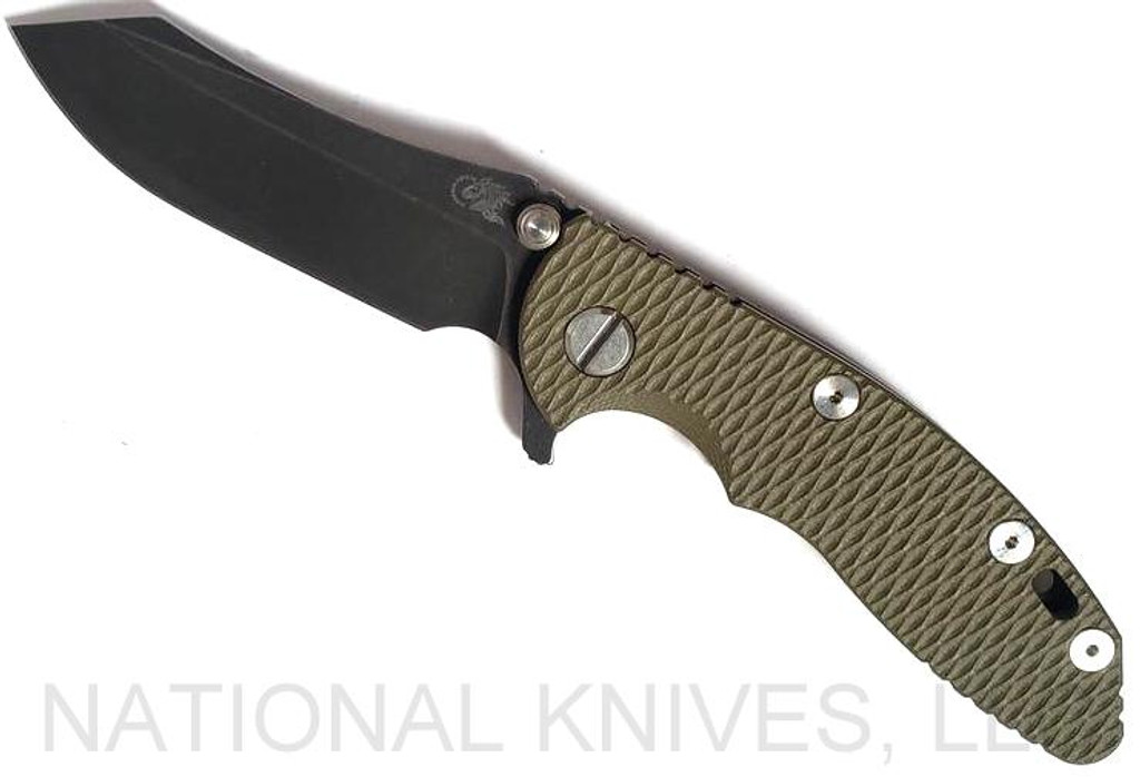 Rick Hinderer Knives XM-18 Skinner Folding Knife, Battle Black 3.0" Plain Edge 20CV Blade, Battle Black Lockside, OD Green G-10 Handle - Tri-Way Pivot