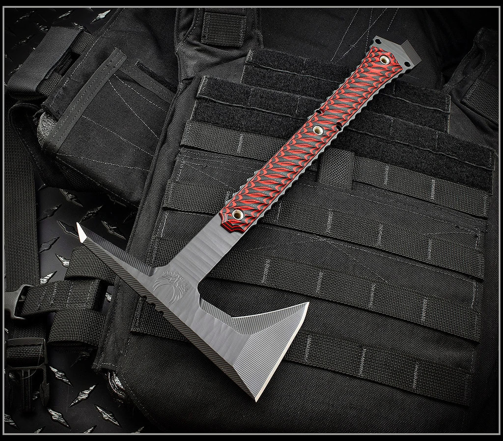 RMJ Tactical Ragnarok 14 Tomahawk, Textured Black 3.375" Forward Edge 80CRV2 Steel, Black Widow Handle, Sheath