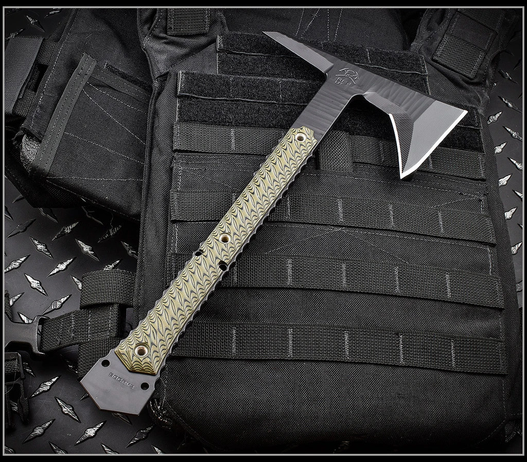 RMJ Tactical Ragnarok 14 Tomahawk, Textured Black 3.375" Forward Edge 80CRV2 Steel, Dirty Olive Handle, Sheath