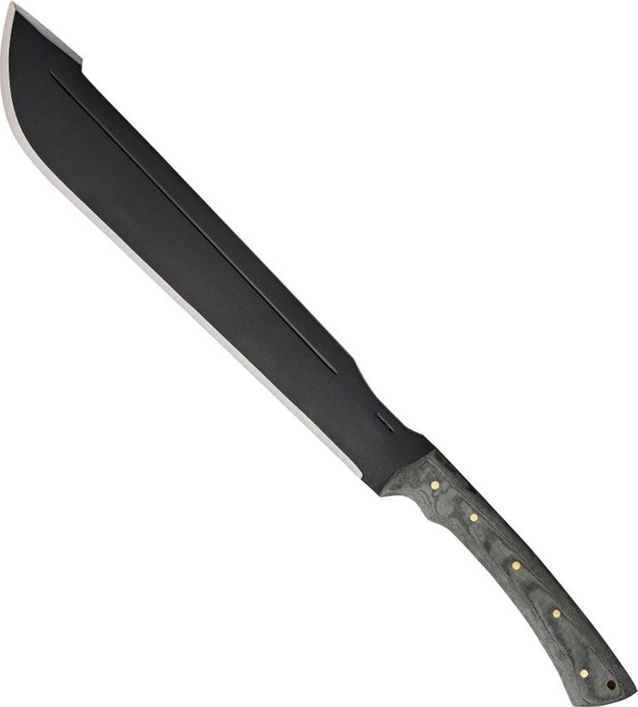Condor Tool and Knife Discord machete - shown out of sheath reverse.  1075 HC steel plain edge blade.  Gray Micarta handle.  Model CTK421-18HC.
