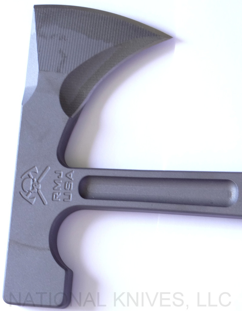 RMJ Tactical L13 Loggerhead tomahawk - close up of reverse head shown.  Tungsten Cerakote 80CRV2 steel plain edge head.  Green handle.