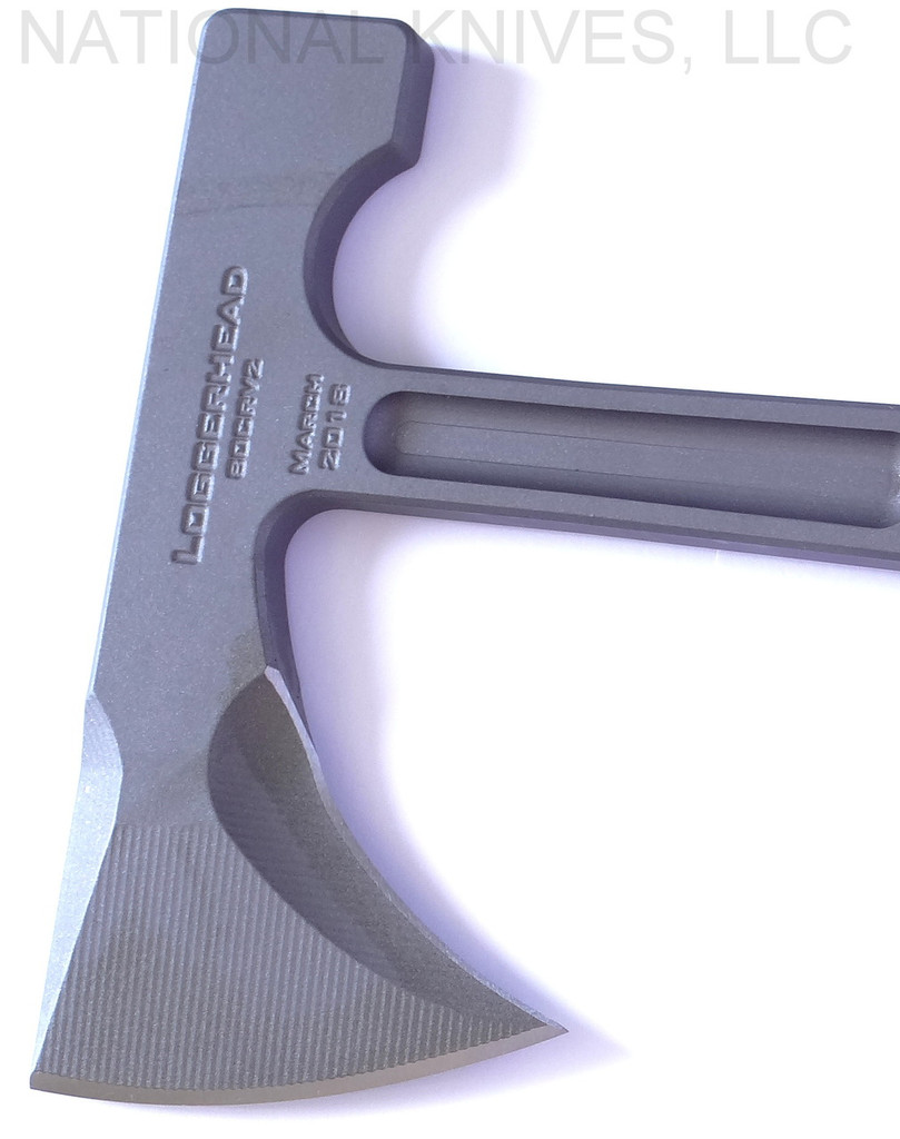 RMJ Tactical L13 Loggerhead tomahawk - close up of obverse head shown.  Tungsten Cerakote 80CRV2 steel plain edge head.  Green handle.