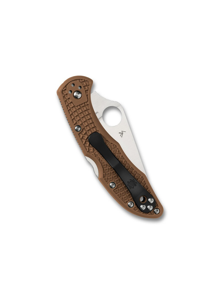 Spyderco Delica 4 folding knife with thumb hole - shown closed pocket clip side.  Satin VG-10 stainless steel plain edge blade.  Brown FRN handle.  Model C11FPBN.
For reference only.