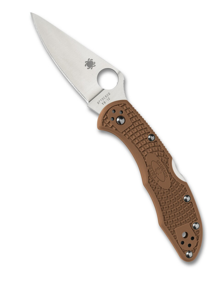 Spyderco Delica 4 folding knife with thumb hole - shown open presentation side.  Satin VG-10 stainless steel plain edge blade.  Brown FRN handle.  Model C11FPBN.
For reference only.