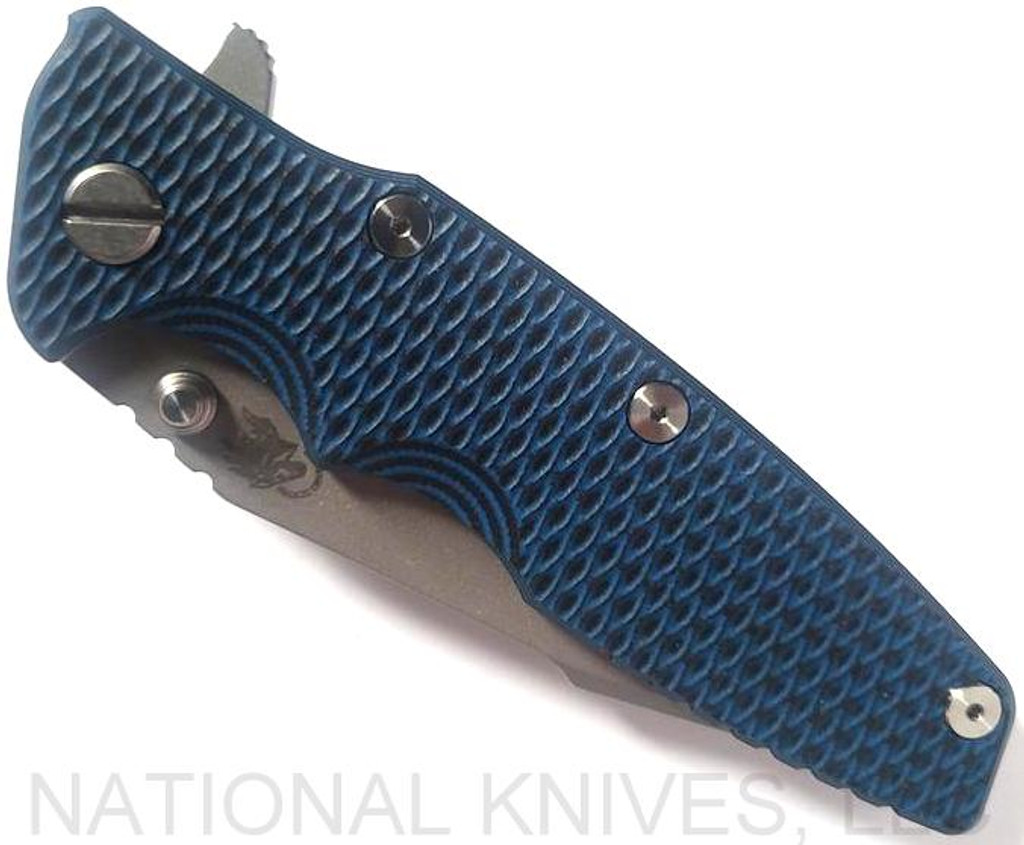 Rick Hinderer Knives Eklipse Harpoon Spanto folding knife with thumb stud and flipper tab - shown closed presentation side.  Working Finish 20CV stainless steel plain edge blade.  Blue - black G-10 handle with Working Finish lock side.  Model K40442SGW00.