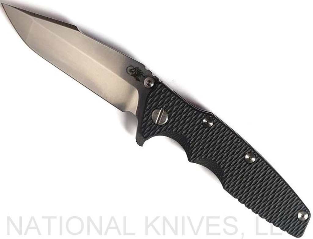 Rick Hinderer Knives Eklipse Harpoon Spanto folding knife with thumb stud and flipper tab - shown open presentation side.  Stonewash 20CV stainless steel plain edge blade.  Black G-10 handle with stonewash bronze lock side.  Model K40442SGS00.