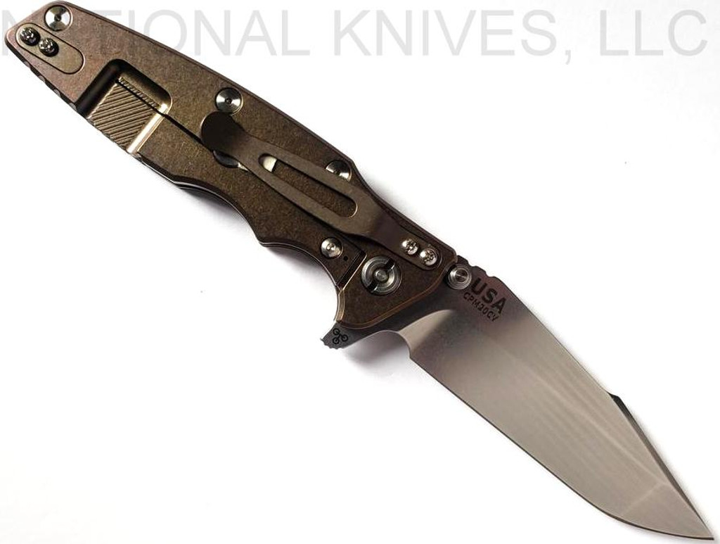 Rick Hinderer Knives Eklipse Harpoon Spanto Folding Knife, Stonewash 3.625" Plain Edge CPM-20CV Blade, Stonewash Bronze Lock Side, Black G-10 Handle - Tri-Way Pivot