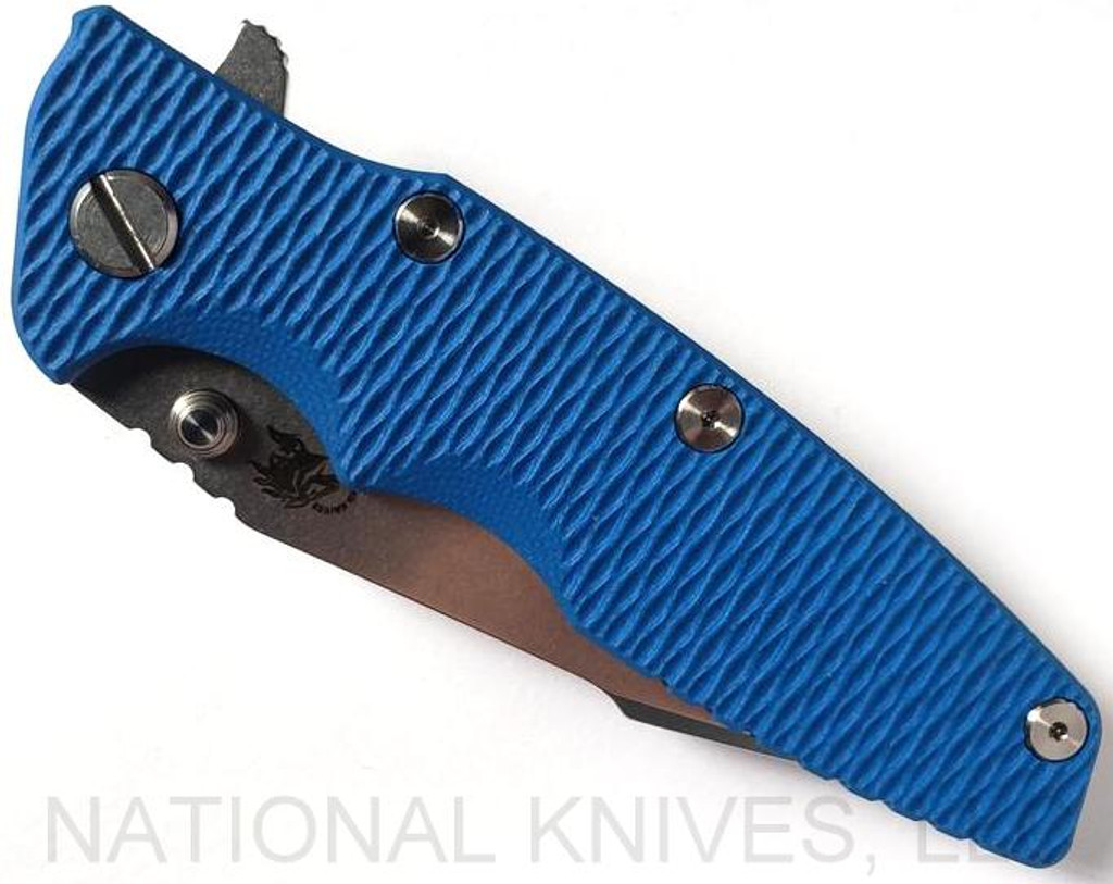 Rick Hinderer Knives Eklipse Harpoon Spanto folding knife with thumb stud and flipper tab - shown closed presentation side.  Stonewash 20CV stainless steel plain edge blade.  Blue G-10 handle with stonewash bronze lock side.  Model K40442SGS00.