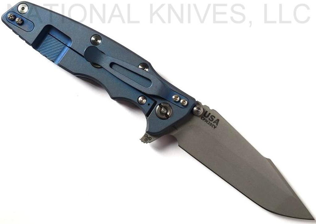 Rick Hinderer Knives Eklipse Harpoon Spanto Folding Knife, Working Finish 3.625" Plain Edge CPM-20CV Blade, Battle Blue Lock Side, Black G-10 Handle - Tri-Way Pivot