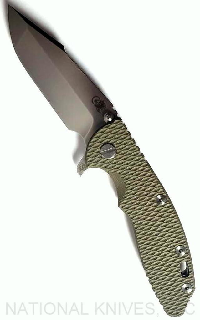 Rick Hinderer Knives Skinny XM-18 3.5" Harpoon Spanto folding knife with thumb stud and flipper tab - shown open presentation side.  Stonewash 20CV stainless steel plain edge blade.  OD green G-10 handle with stonewash lock side.  Model K2555SGS00.
