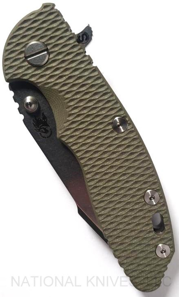 Rick Hinderer Knives Skinny XM-18 3.5" Harpoon Spanto folding knife with thumb stud and flipper tab - shown closed presentation side.  Stonewash 20CV stainless steel plain edge blade.  OD green G-10 handle with stonewash lock side.  Model K2555SGS00.