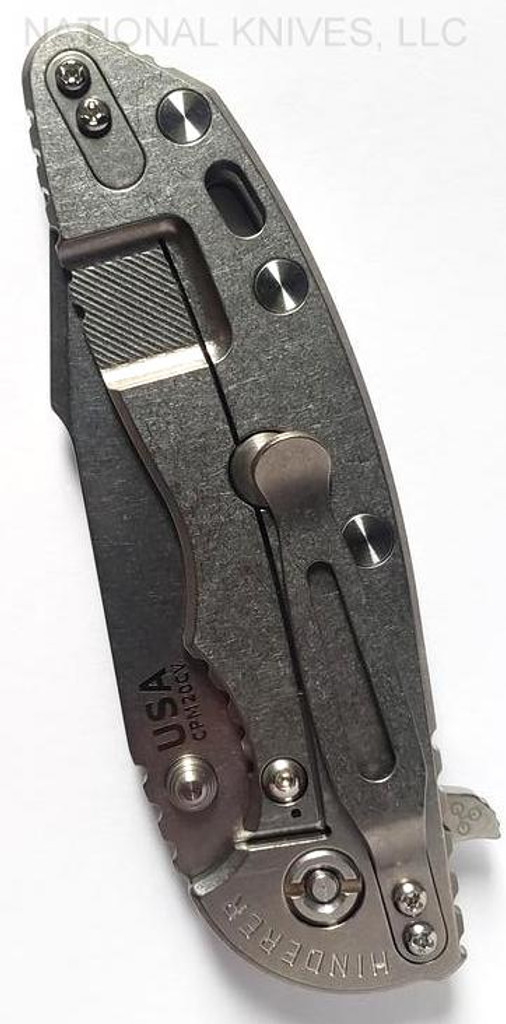 Rick Hinderer Knives Skinny XM-18 3.5" Harpoon Spanto folding knife with thumb stud and flipper tab - shown closed lock side.  Stonewash 20CV stainless steel plain edge blade.  OD green G-10 handle with stonewash lock side.  Model K2555SGS00.