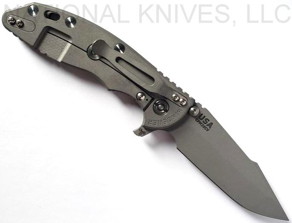 Rick Hinderer Knives Skinny XM-18 3.5" Harpoon Spanto folding knife with thumb stud and flipper tab - shown open lock side.  Working Finish 20CV stainless steel plain edge blade.  Black G-10 handle with Working Finish lock side.  Model K2555SGW00.