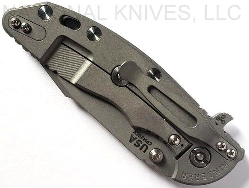 Rick Hinderer Knives Skinny XM-18 3.5" Harpoon Spanto folding knife with thumb stud and flipper tab - shown closed lock side.  Working Finish 20CV stainless steel plain edge blade.  Black G-10 handle with Working Finish lock side.  Model K2555SGW00.