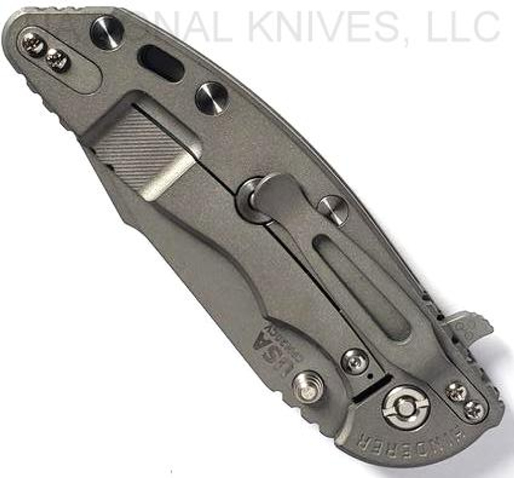 Rick Hinderer Knives Skinny XM-18 3.5" Harpoon Spanto folding knife with thumb stud and flipper tab - shown closed lock side.  Working Finish 20CV stainless steel plain edge blade.  OD green G-10 handle with Working Finish lock side.  Model K2555SGW00.