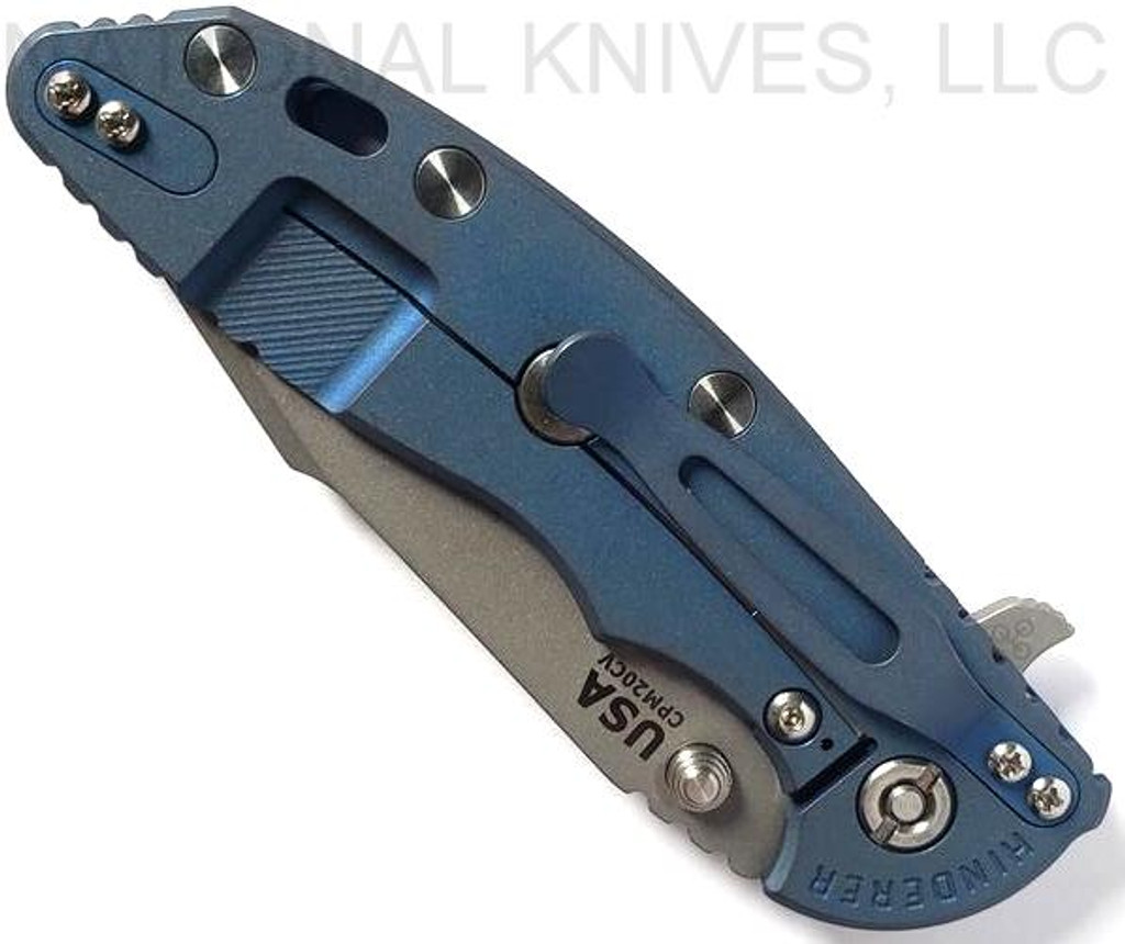 Rick Hinderer Knives XM-18 SKINNY Harpoon Spanto Folding Knife, Working Finish 3.5" Plain Edge 20CV Blade, Battle Blue Lock Side, Blue - Black G-10 Handle - Tri-Way Pivot