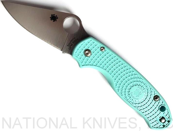Spyderco Para 3 MGE Exclusive folding knife with thumb hole - shown open presentation side.  Satin S90V stainless steel plain edge blade.  Teal FRN handle.  Model C223PTBL.
For reference only.