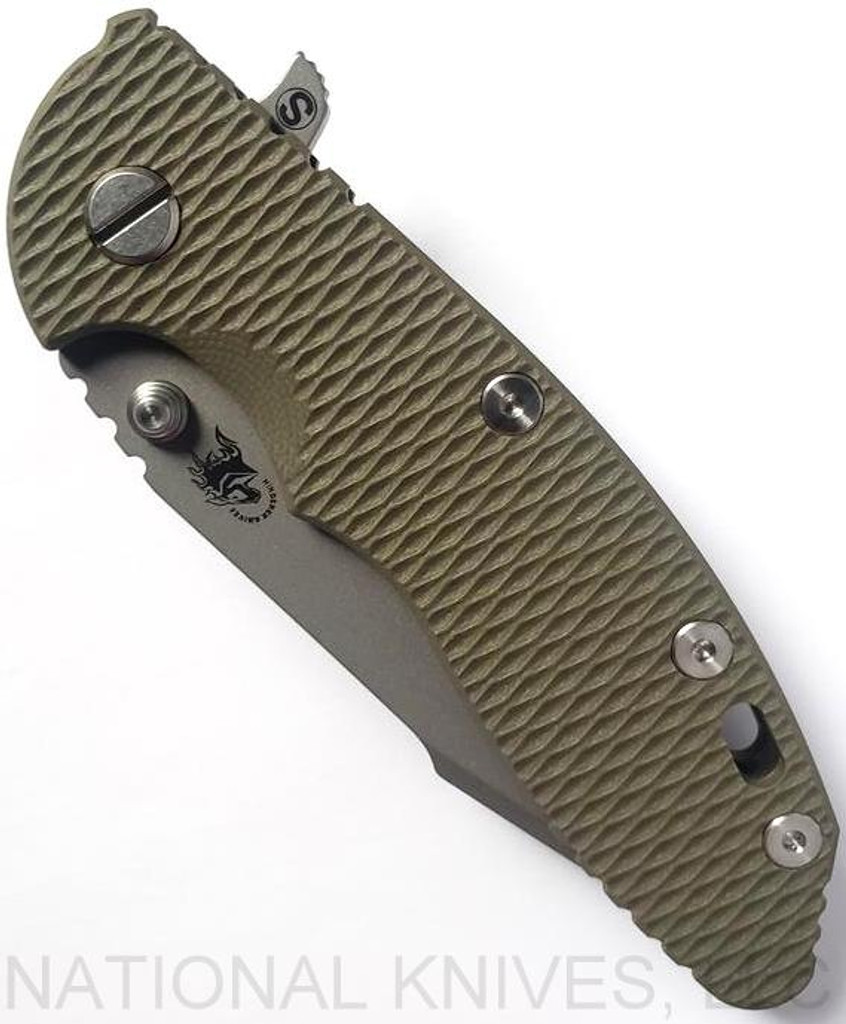 Rick Hinderer Knives Skinny XM-18 3.5" Harpoon Spanto folding knife with thumb stud and flipper tab - shown closed presentation side.  Working Finish 20CV stainless steel plain edge blade.  OD green G-10 handle with Battle Bronze lock side.  Model K2555SGW00.