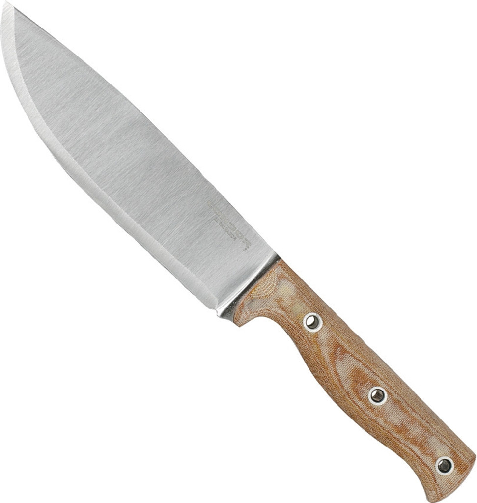 Condor Tool and Knife Low Drag fixed blade knife - shown out of sheath reverse.  1075 steel plain edge blade.  Brown Micarta handle.  Model CTK2814-6.5HC.
