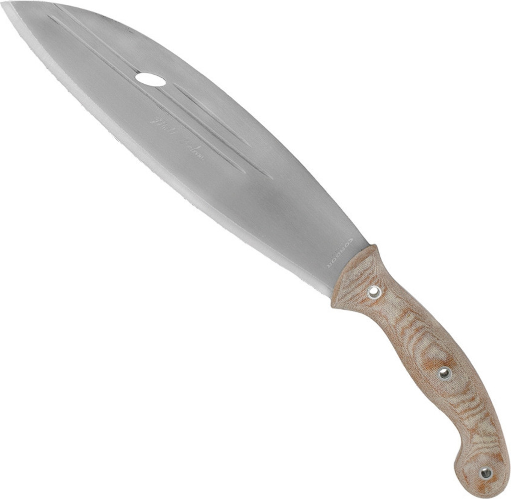 Condor Tool and Knife Primitive Bush Mondo fixed blade knife - shown out of sheath reverse.  1075 steel plain edge blade.  Micarta handle.  Model CTK3924-9.9.
For reference only.