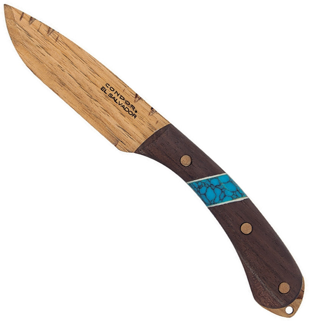 Condor Tool and Knife Blue River Wooden Knife Kit - shown out of sheath reverse.  Wood blade.  Wood and mixed material handle.  Model CTK2829-3.5-HI.