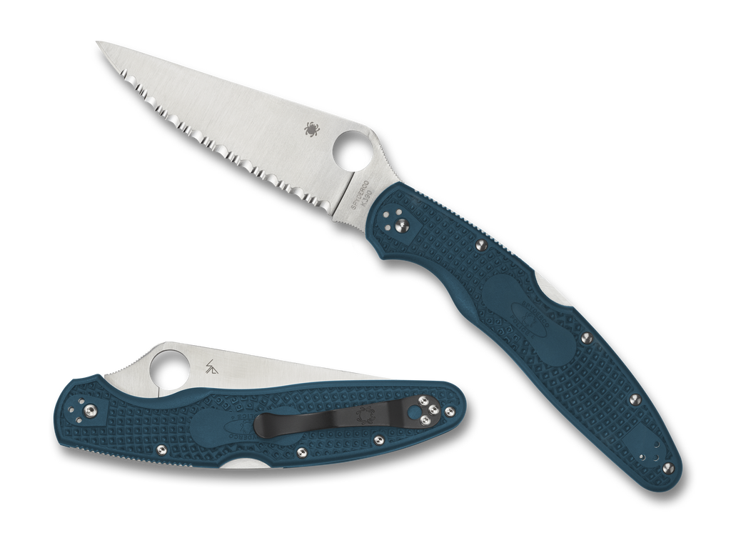 Spyderco Police 4 folding knife with thumb hole - shown both open presentation side and closed pocket clip side.  Satin K390 steel serrated edge blade.  Blue FRN handle.  Model C07FS4K390.
For reference only.