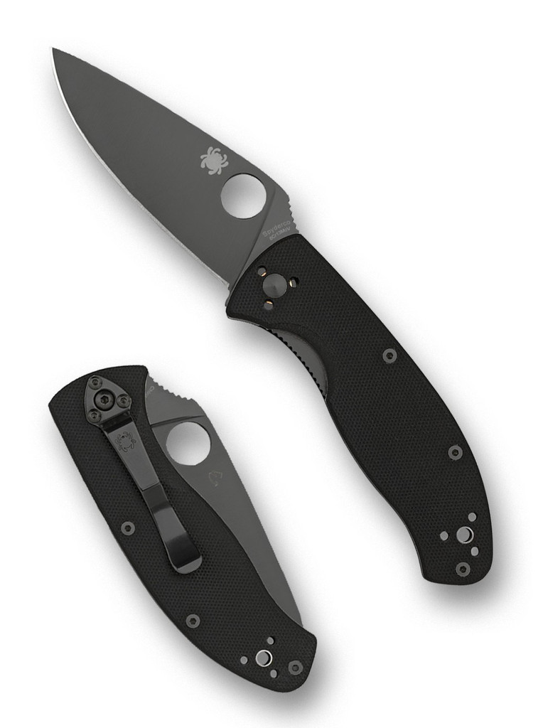 Spyderco Tenacious folding knife with thumb hole - shown open presentation side and closed pocket clip side.  Black 8Cr13MoV stainless steel plain edge blade.  Black G-10 handle.  C122GBBKP.