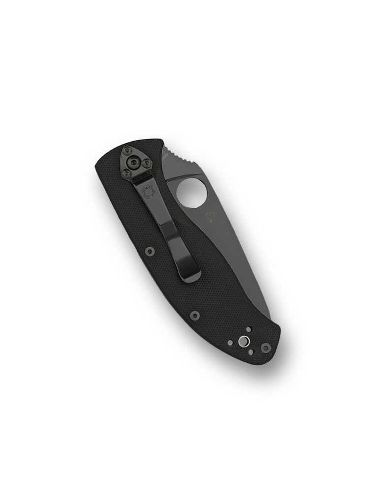 Spyderco Tenacious folding knife with thumb hole - shown closed pocket clip side.  Black 8Cr13MoV stainless steel plain edge blade.  Black G-10 handle.  C122GBBKP.