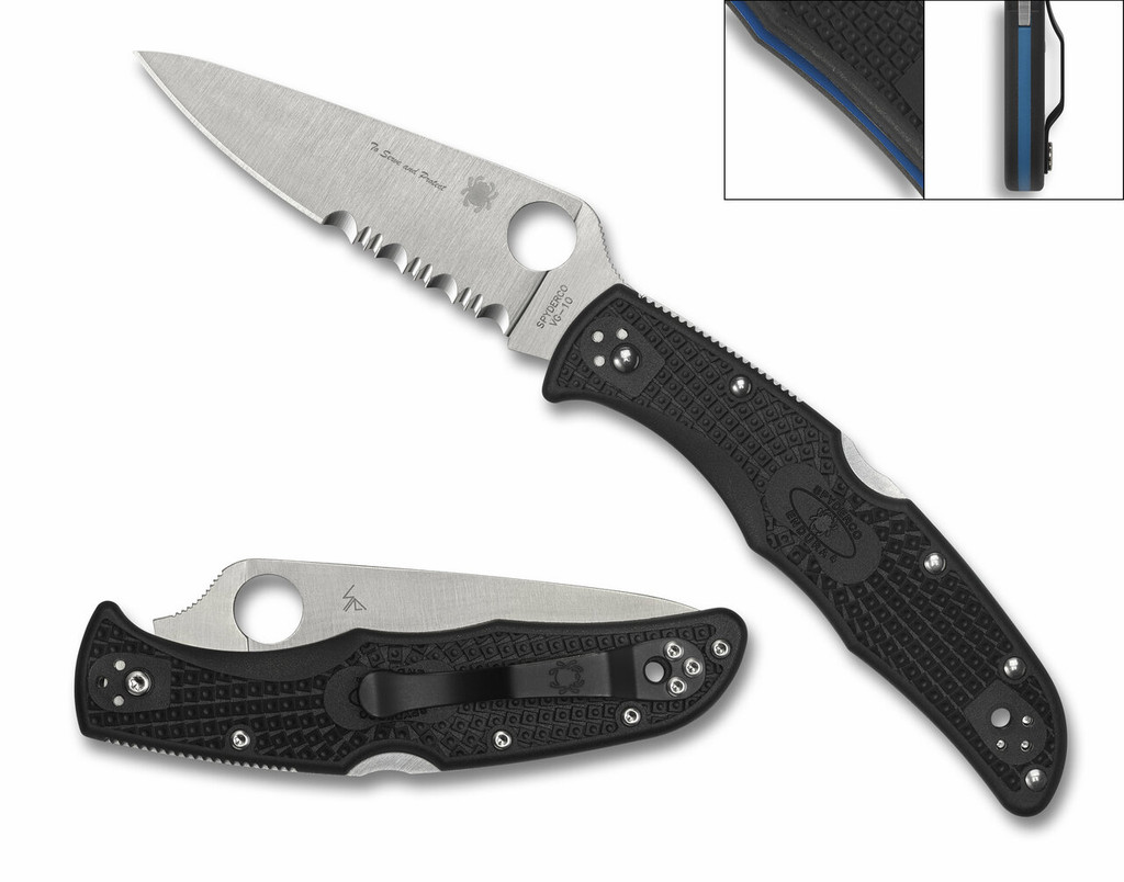 Spyderco Endura 4 Thin Blue Line folding knife with thumb hole - shown open presentation side and closed pocket clip side.  Satin VG-10 stainless steel combo edge blade.  Black FRN handle.  Model C10FPSBKBL.
For reference only.