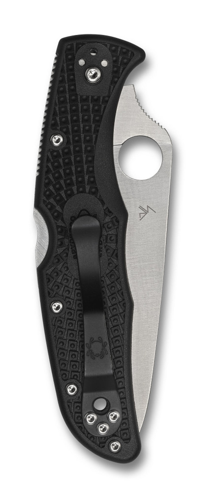 Spyderco Endura 4 Thin Blue Line folding knife with thumb hole - shown closed pocket clip side.  Satin VG-10 stainless steel combo edge blade.  Black FRN handle.  Model C10FPSBKBL.
For reference only.