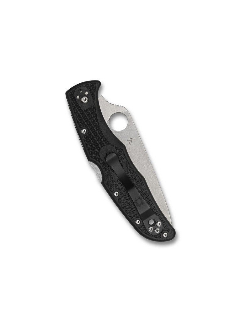 Spyderco Endura 4 Thin Blue Line folding knife with thumb hole - shown closed pocket clip side.  Satin VG-10 stainless steel combo edge blade.  Black FRN handle.  Model C10FPSBKBL.
For reference only.
