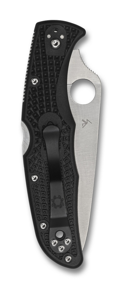 Spyderco Endura 4 Thin Red Line folding knife with thumb hole - shown closed pocket clip side.  Satin VG-10 stainless steel combo edge blade.  Black FRN handle.  Model C10FPSBKRD.
For reference only.
