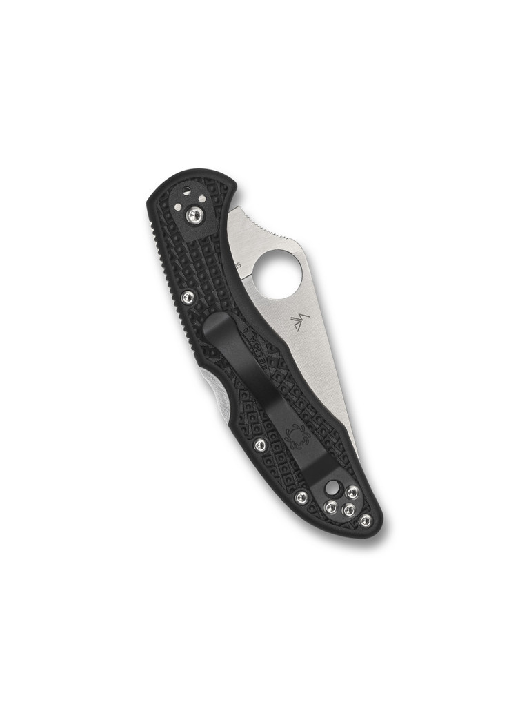 Spyderco Delica 4 Thin Blue Line folding knife with thumb hole - shown closed pocket clip side.  Satin VG-10 stainless steel combo edge blade.  Black FRN handle.  Model C11FPSBKBL.
For reference only.