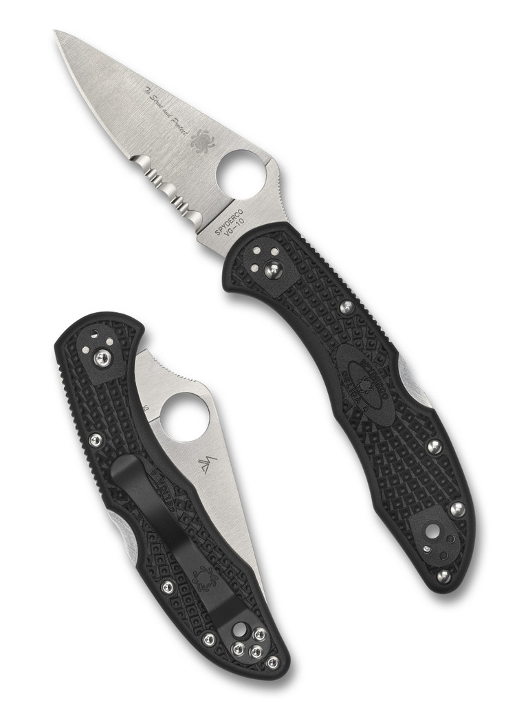 Spyderco Delica 4 Thin Blue Line folding knife with thumb hole - shown open presentation side and closed pocket clip side.  Satin VG-10 stainless steel combo edge blade.  Black FRN handle.  Model C11FPSBKBL.
For reference only.