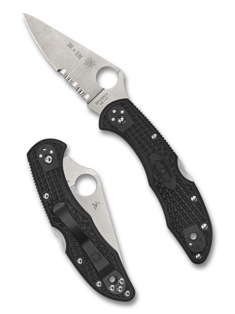 Spyderco Delica 4 Thin Red Line folding knife with thumb hole - shown open presentation side and closed pocket clip side.  Satin VG-10 stainless steel combo edge blade.  Black FRN handle.  Model C11FPSBKRD.
For reference only.