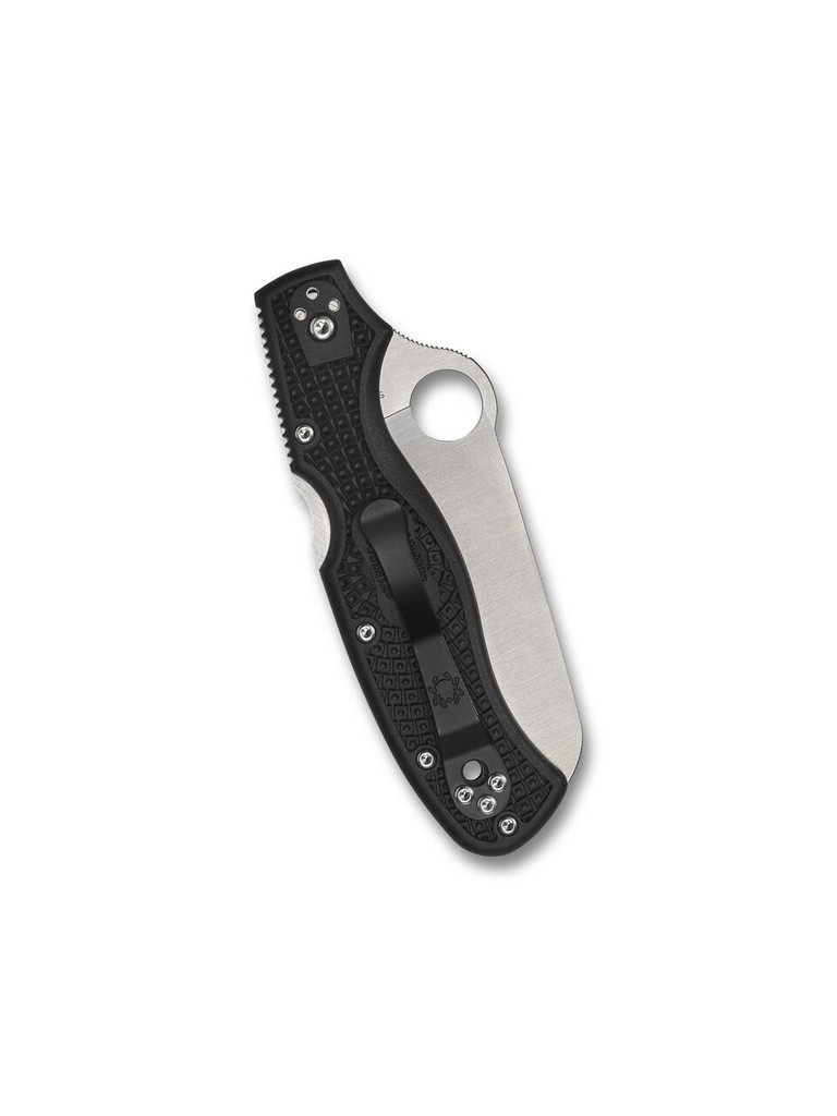 Spyderco Rescue 3 Thin Blue Line folding knife with thumb hole - shown closed pocket clip side.  Satin VG-10 stainless steel serrated edge blade. Black FRN handle.  Model C14FSBKBL3.
For reference only.