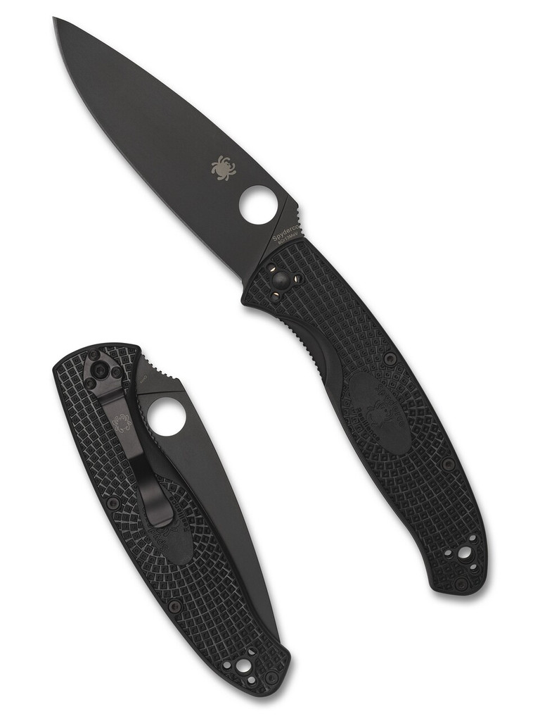Spyderco Resilience folding knife with thumb hole - shown open presentation side and closed pocket clip side.  Black 8Cr13MoV stainless steel plain edge blade.  Black FRN handle.  Model C142PBBK.
