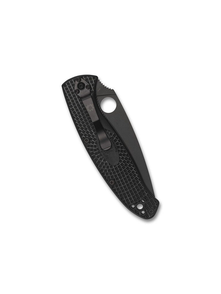 Spyderco Resilience folding knife with thumb hole - shown closed pocket clip side.  Black 8Cr13MoV stainless steel plain edge blade.  Black FRN handle.  Model C142PBBK.
