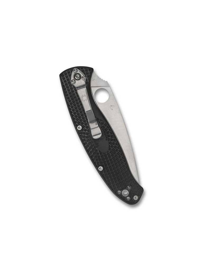 Spyderco Resilience folding knife with thumb hole - shown closed pocket clip side.  Satin 8Cr13MoV stainless steel plain edge blade.  Black FRN handle.  Model C142PBK.