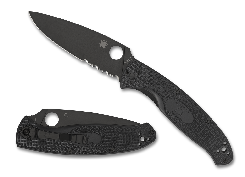 Spyderco Resilience folding knife with thumb hole - shown open presentation side and closed pocket clip side.  Black 8Cr13MoV stainless steel combo edge blade.  Black FRN handle.  Model C142PSBBK.
For reference only.